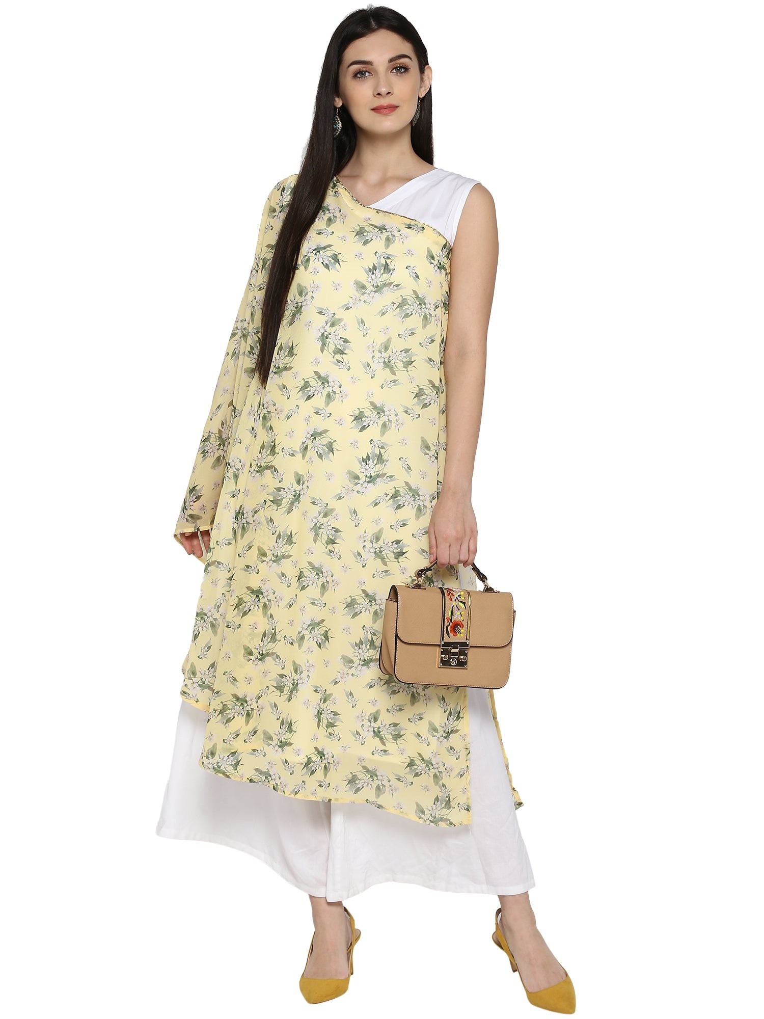 Women's Yellow & White Floral Georgette Only Kurta - Ahalyaa