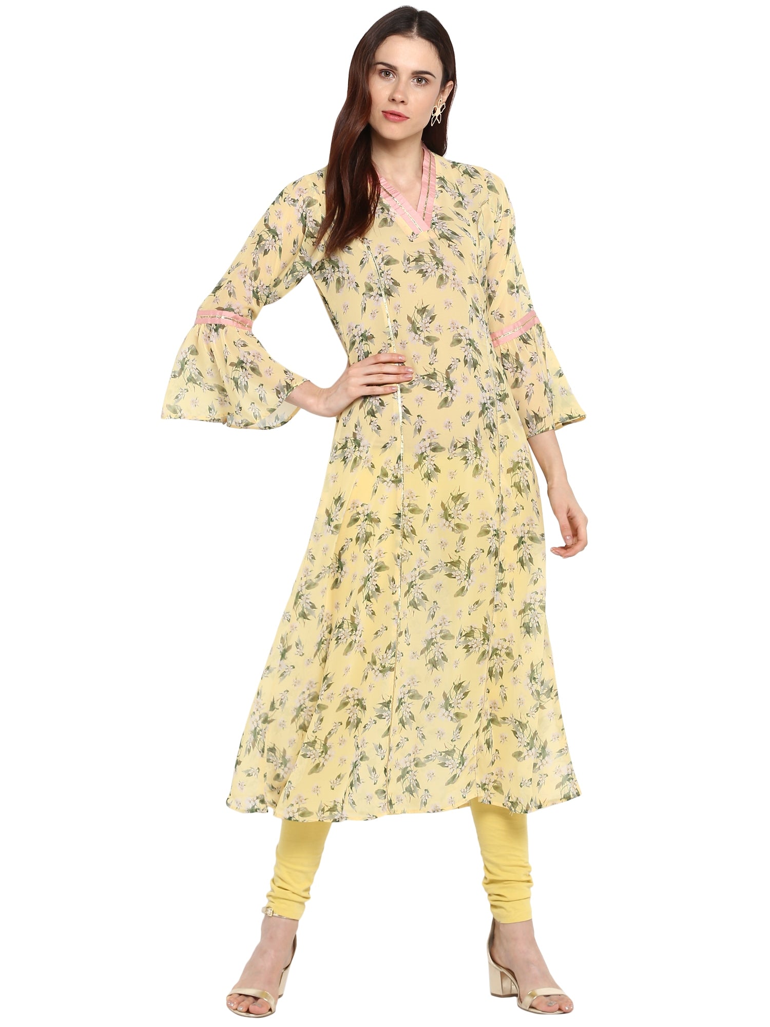 Women's Floral Flared See Through Georgette Only Kurta With Fit & Flared Sleeves - Ahalyaa