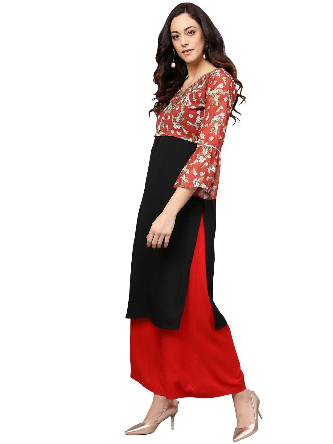 Women's Black & Red Printed Straight Only Kurta - Ahalyaa