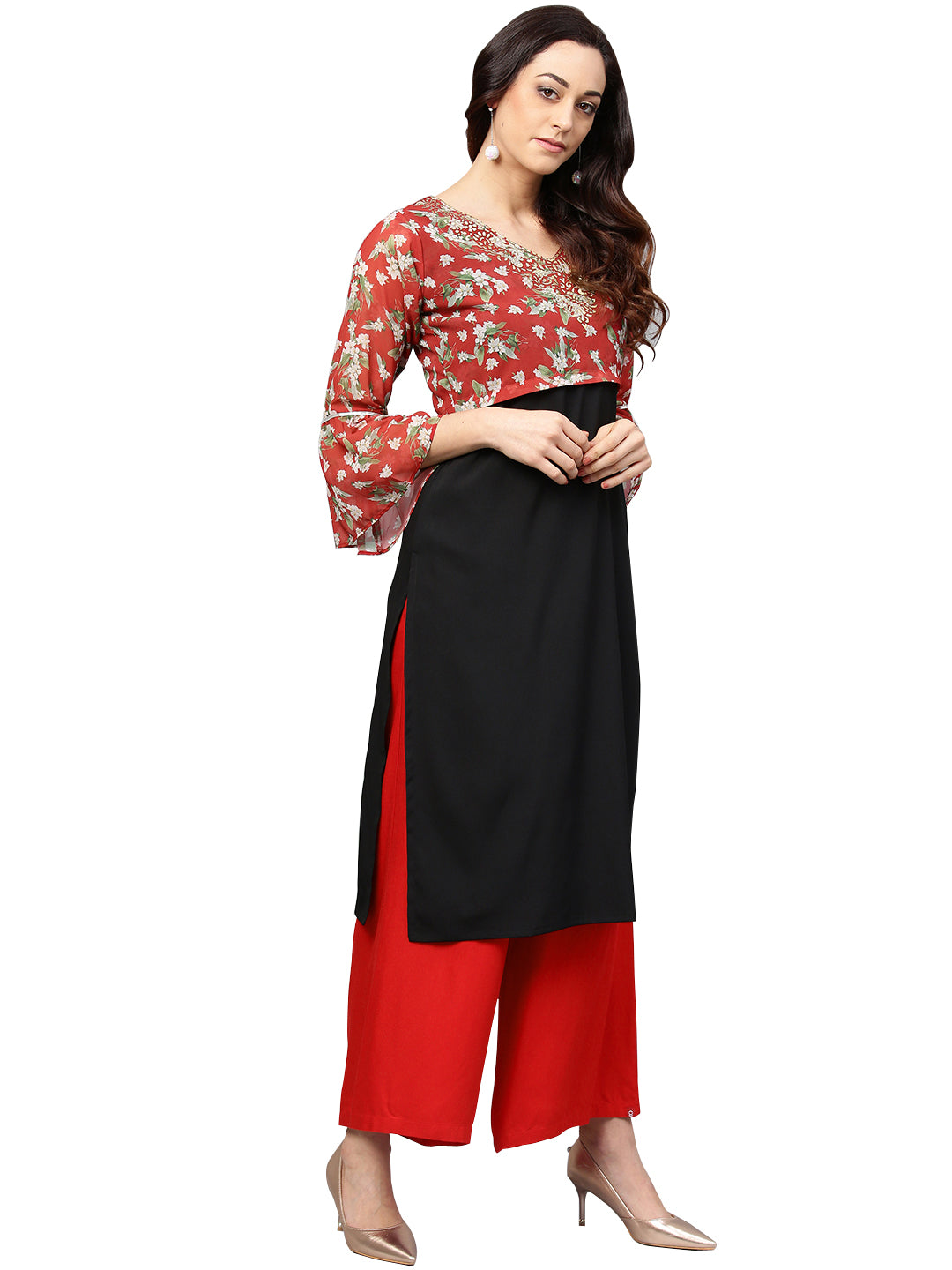 Women's Black & Red Printed Straight Only Kurta - Ahalyaa