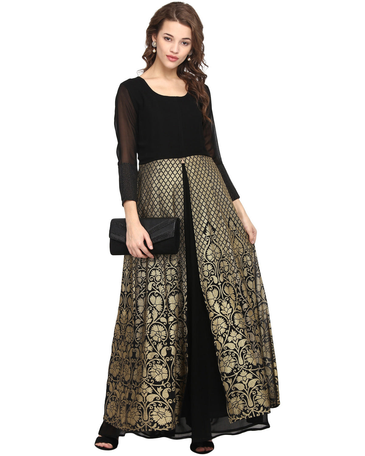 Women's Black Georgette Gold Print Dress - Ahalyaa