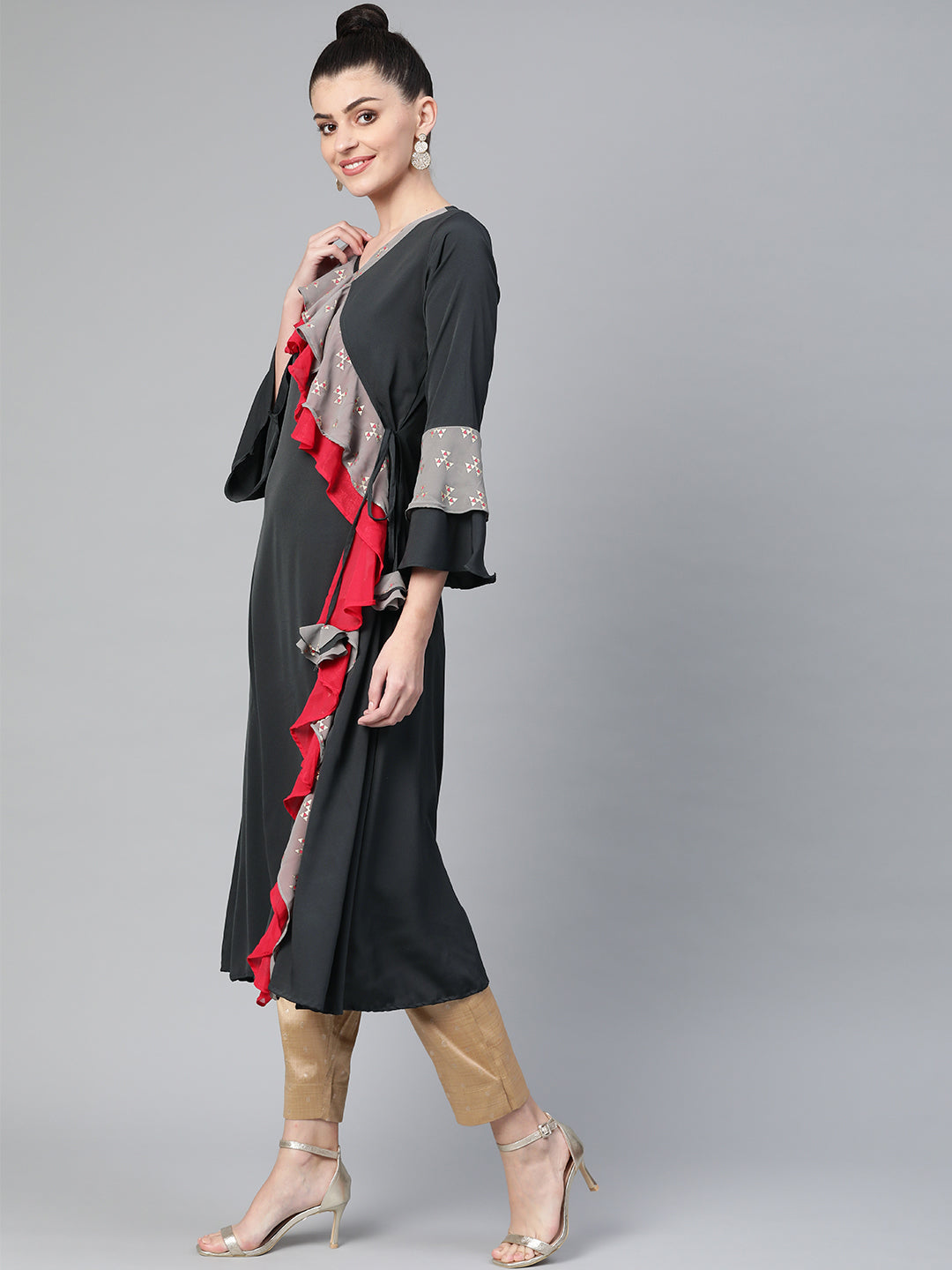 Women's Grey Angarkha Style Kurta From Ahalyaa - Ahalyaa
