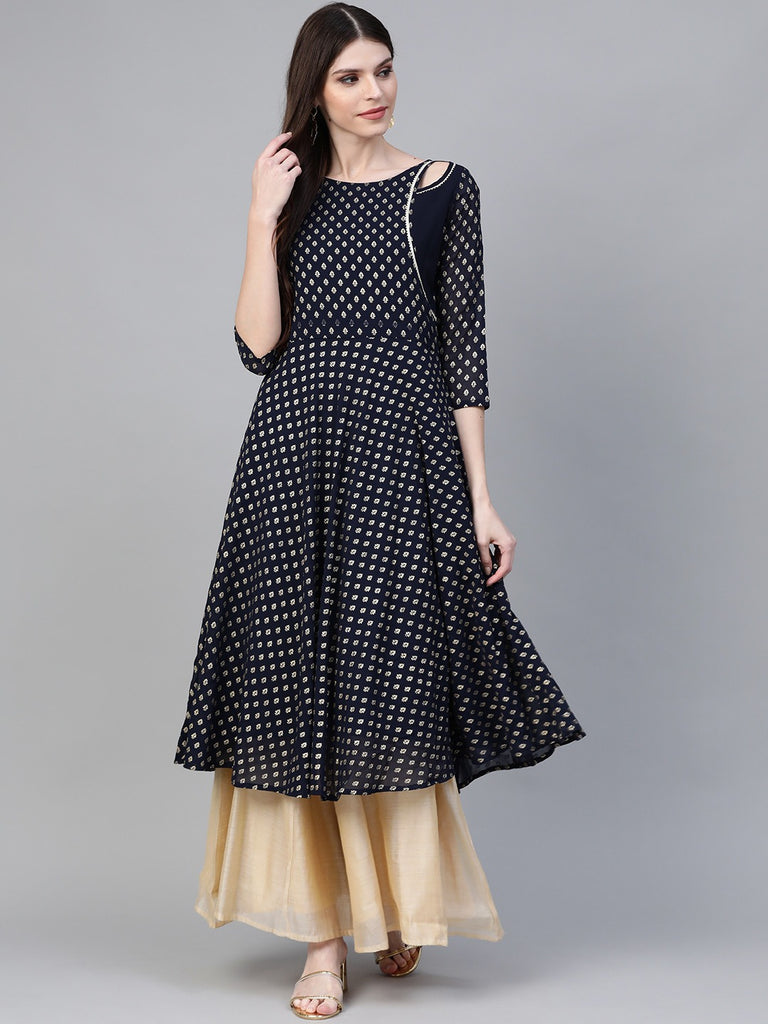 Women's Navy-Blue Printed Straight Only Kurta