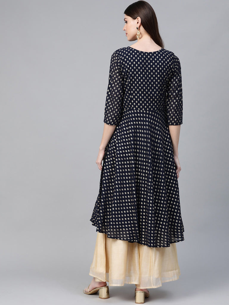Women's Navy-Blue Printed Straight Only Kurta
