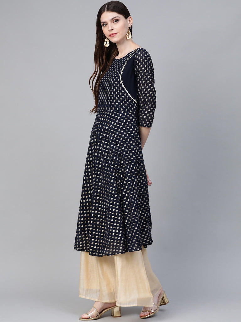 Women's Navy-Blue Printed Straight Only Kurta