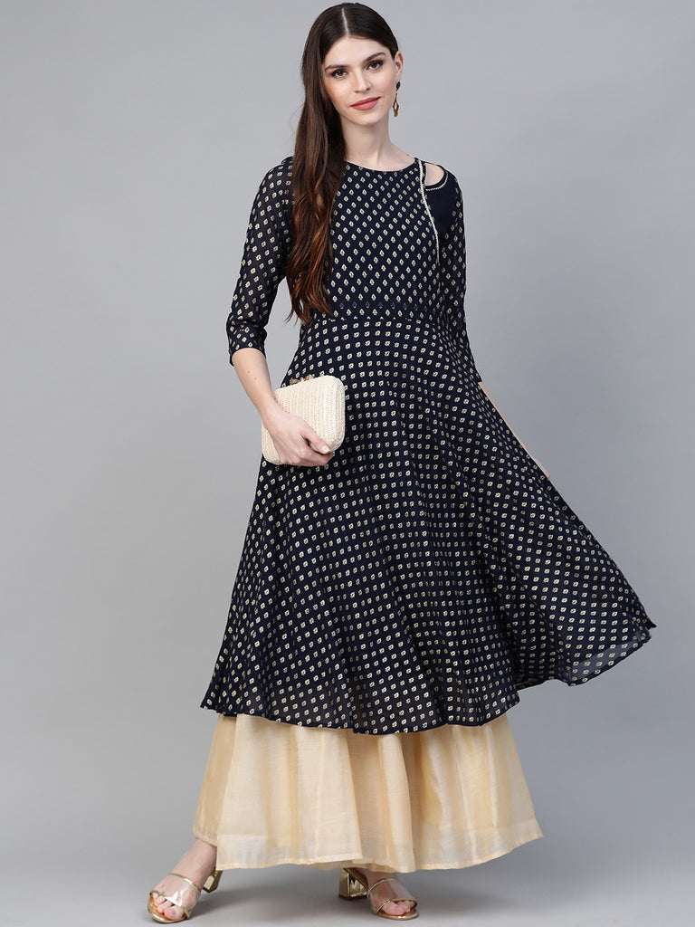 Women's Navy-Blue Printed Straight Only Kurta