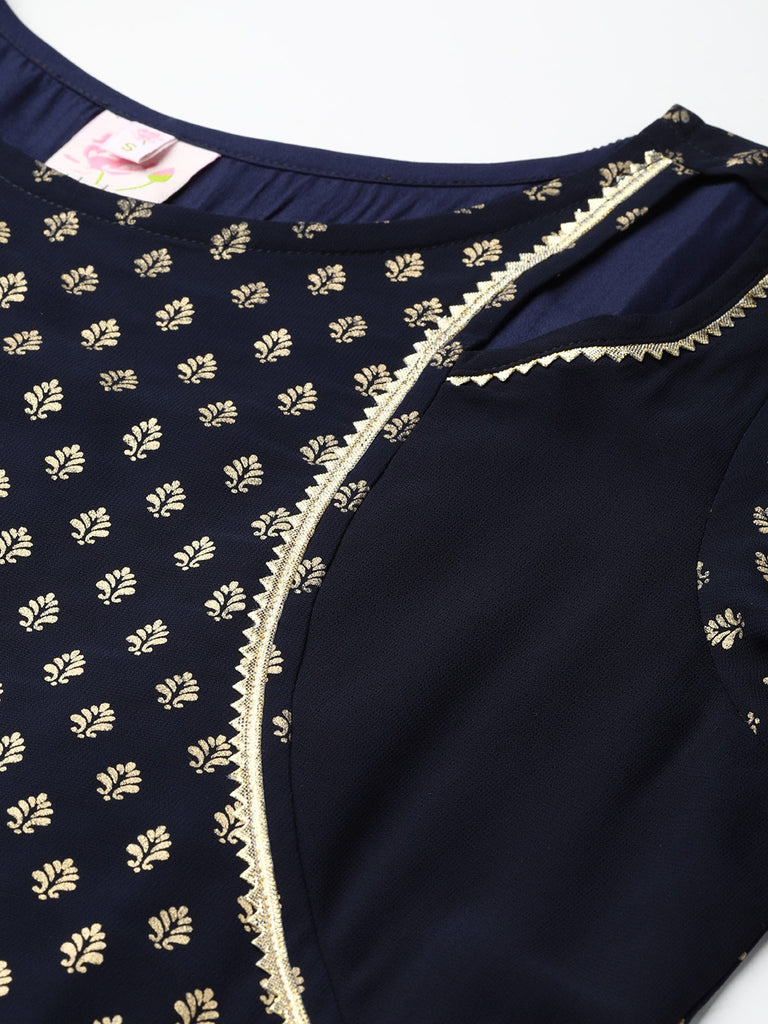 Women's Navy-Blue Printed Straight Only Kurta