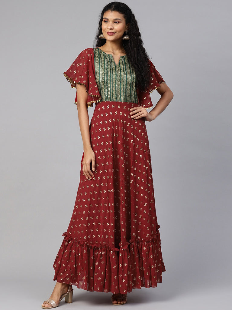Women's Maroon Georgette Gold Printed Kurta