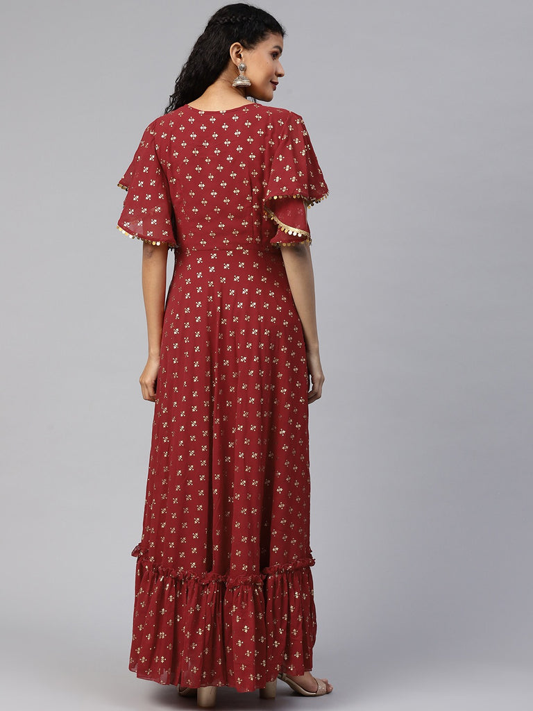 Women's Maroon Georgette Gold Printed Kurta