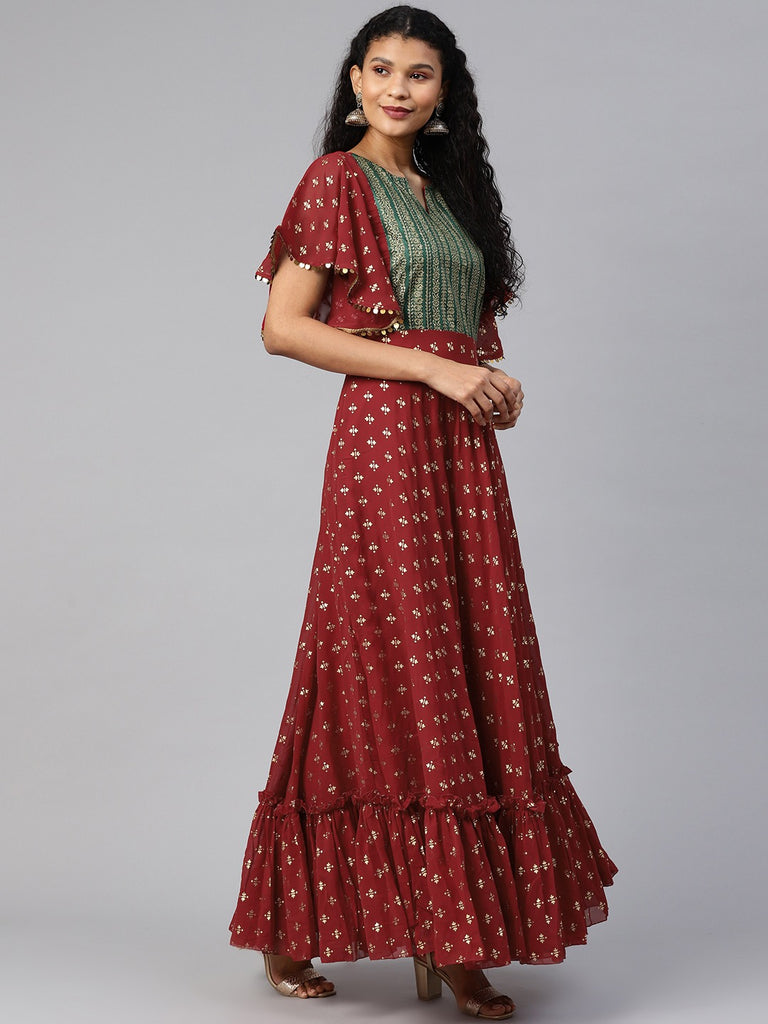 Women's Maroon Georgette Gold Printed Kurta