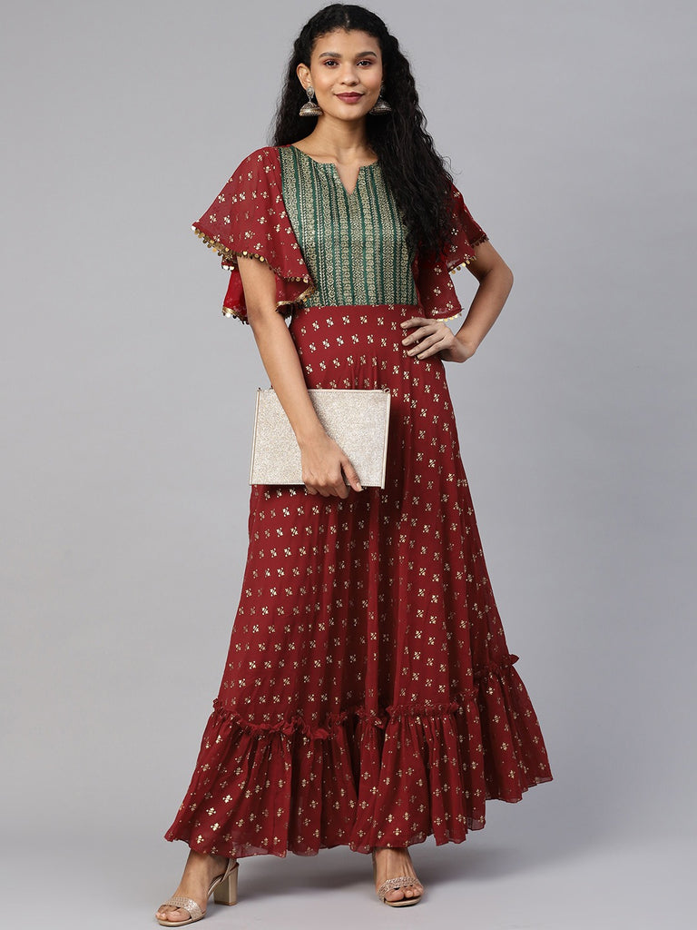 Women's Maroon Georgette Gold Printed Kurta