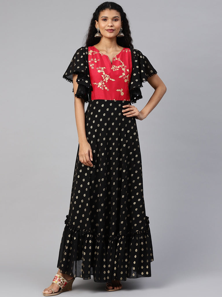 Women's Black Georgette Gold Printed Kurta