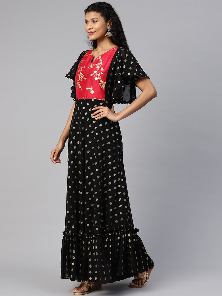 Women's Black Georgette Gold Printed Kurta