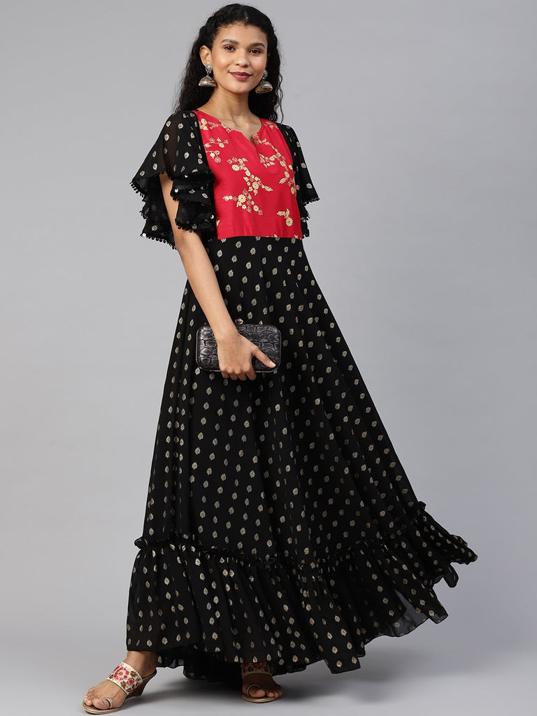 Women's Black Georgette Gold Printed Kurta