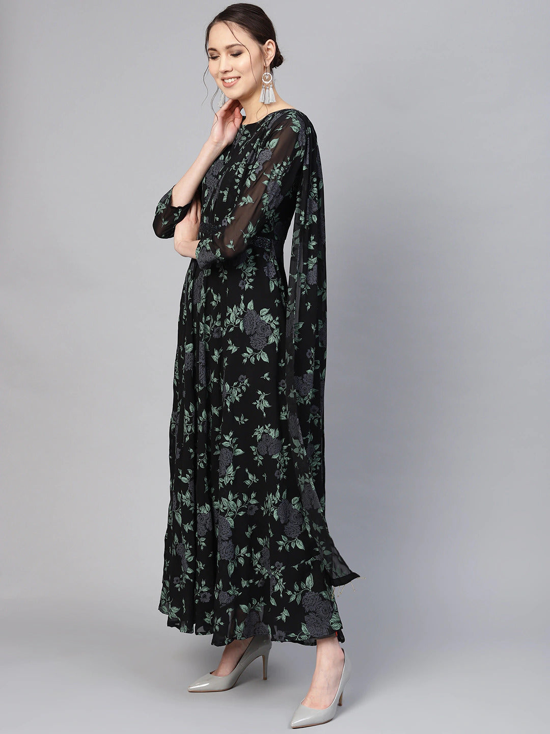 Women's Black Georgette Floral Printed Gown- Ahalyaa