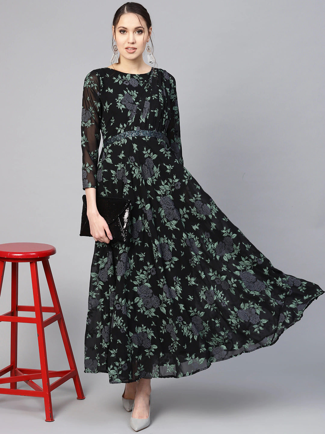 Women's Black Georgette Floral Printed Gown- Ahalyaa