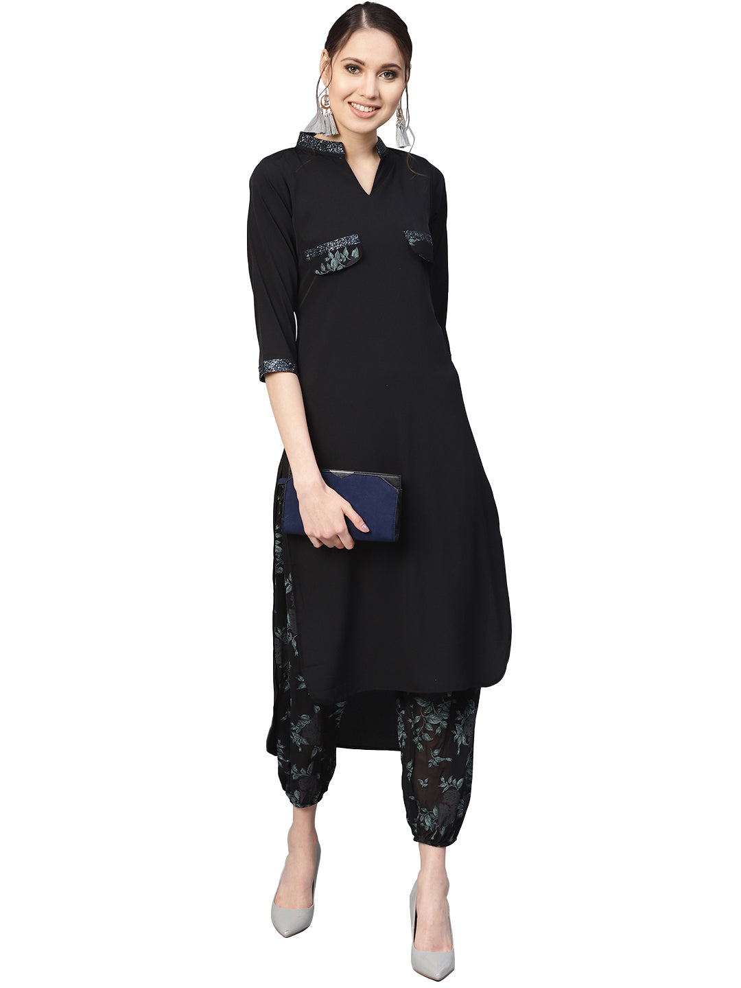 Women's Black Crepe Printed Top With Harem Pant- Ahalyaa