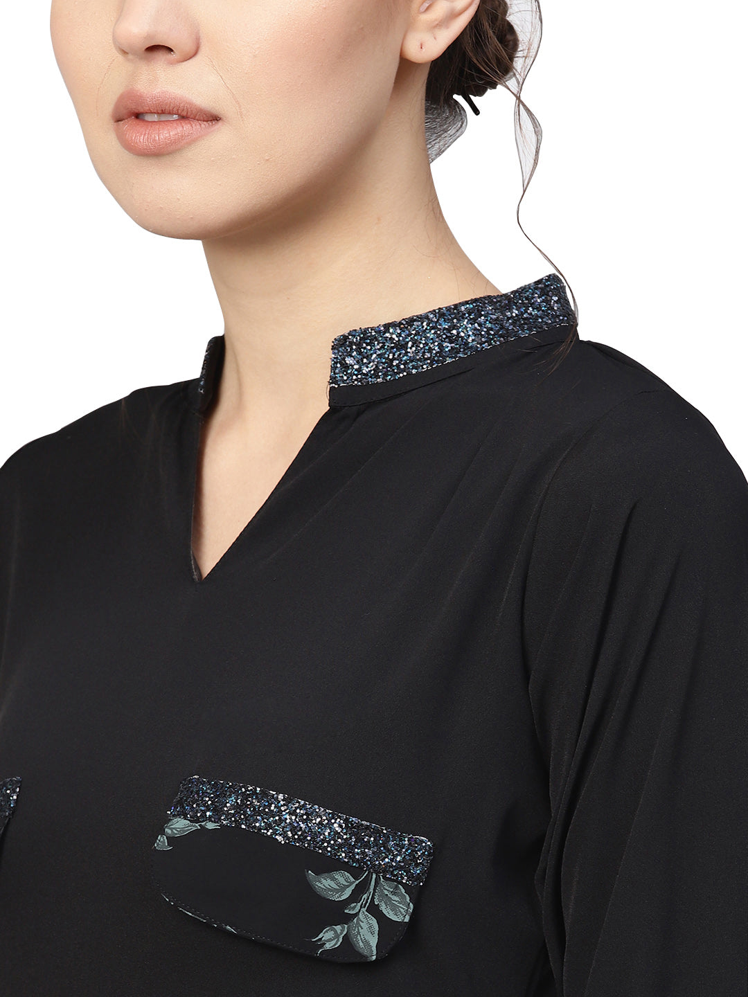 Women's Black Crepe Printed Top With Harem Pant- Ahalyaa