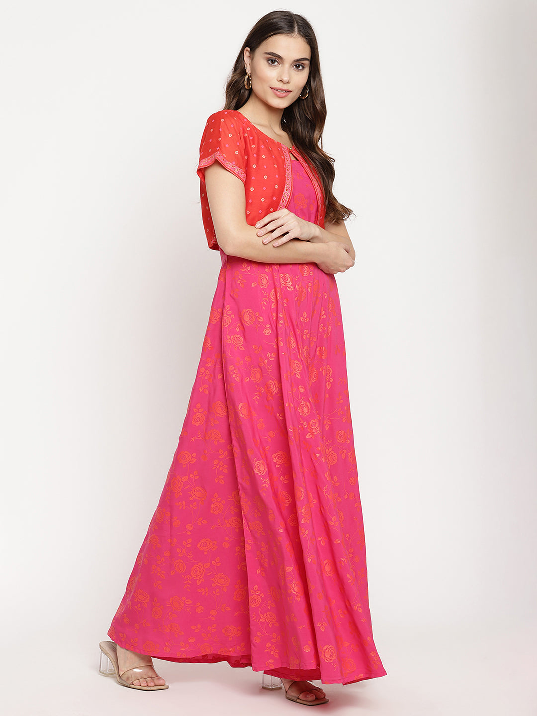 Women's Pink Crepe Orange Khari Print Kurta With Jacket - Ahalyaa