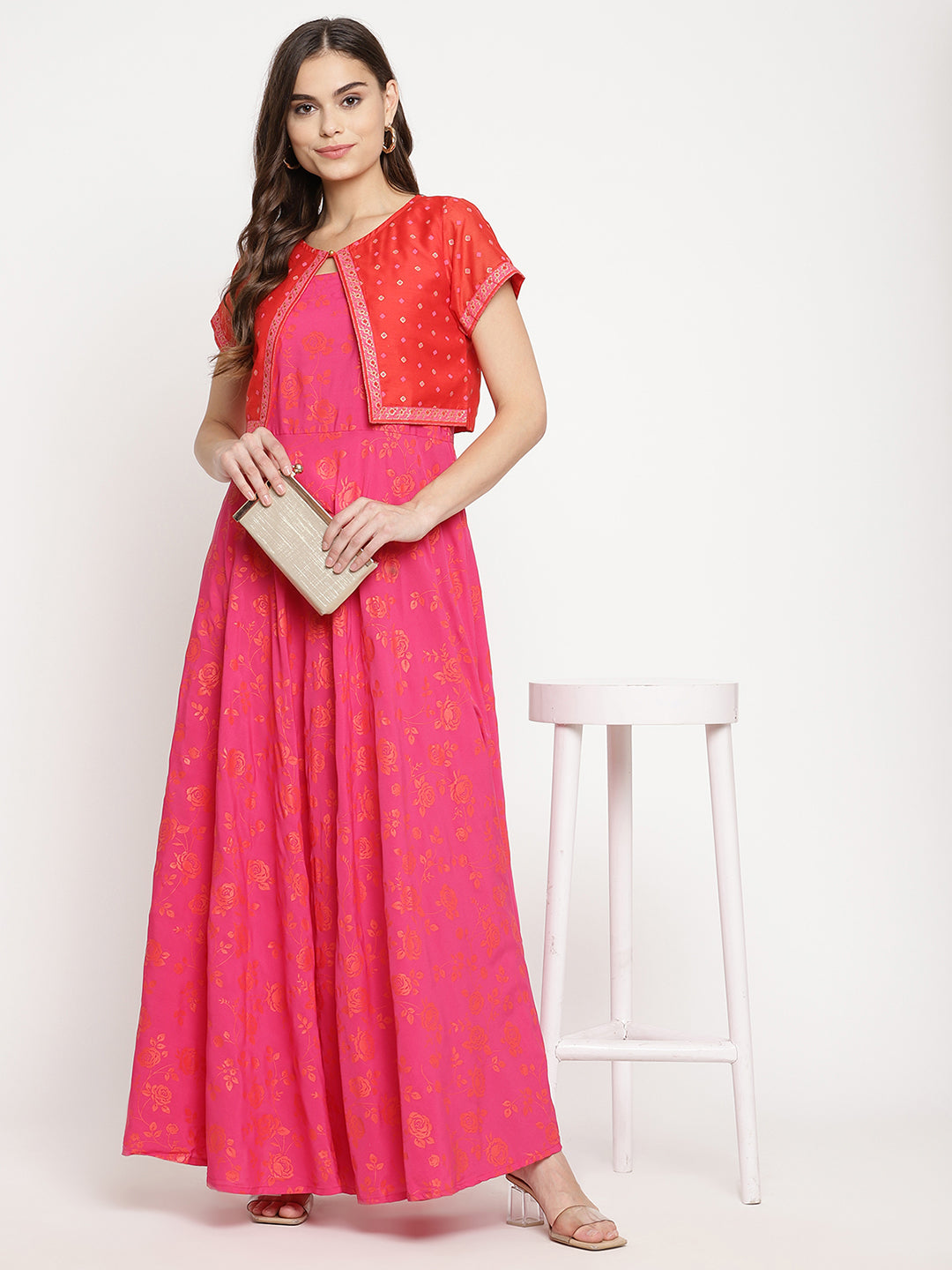 Women's Pink Crepe Orange Khari Print Kurta With Jacket - Ahalyaa