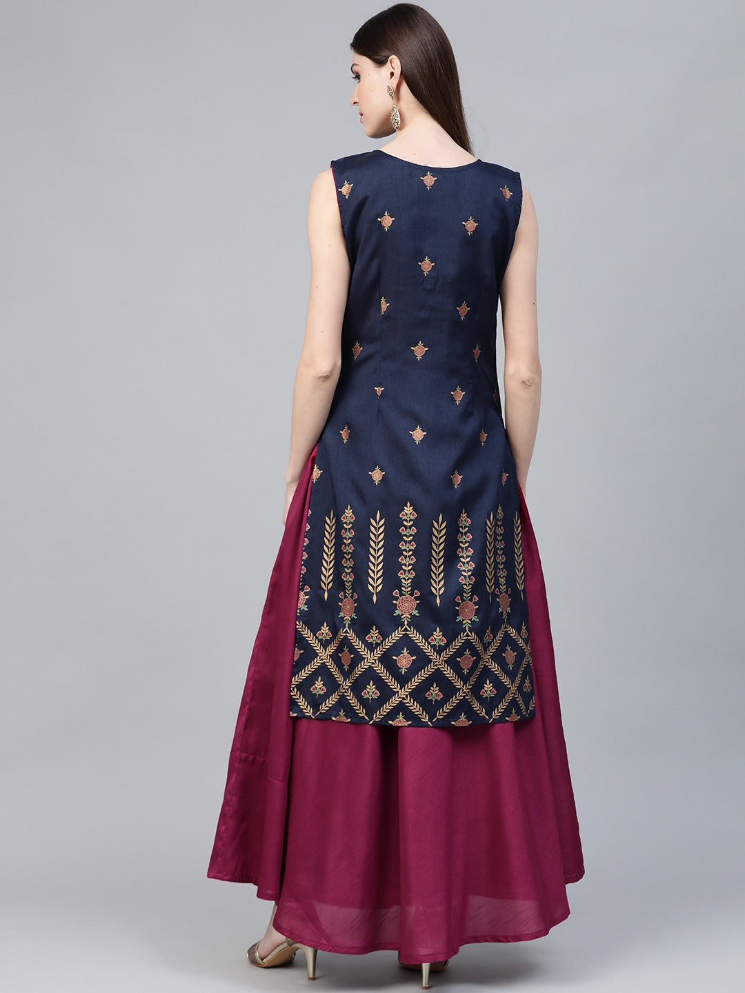 Women's  Navy Blue & Magenta Ethnic Sreen Printed Layered Maxi Dress - Ahalyaa