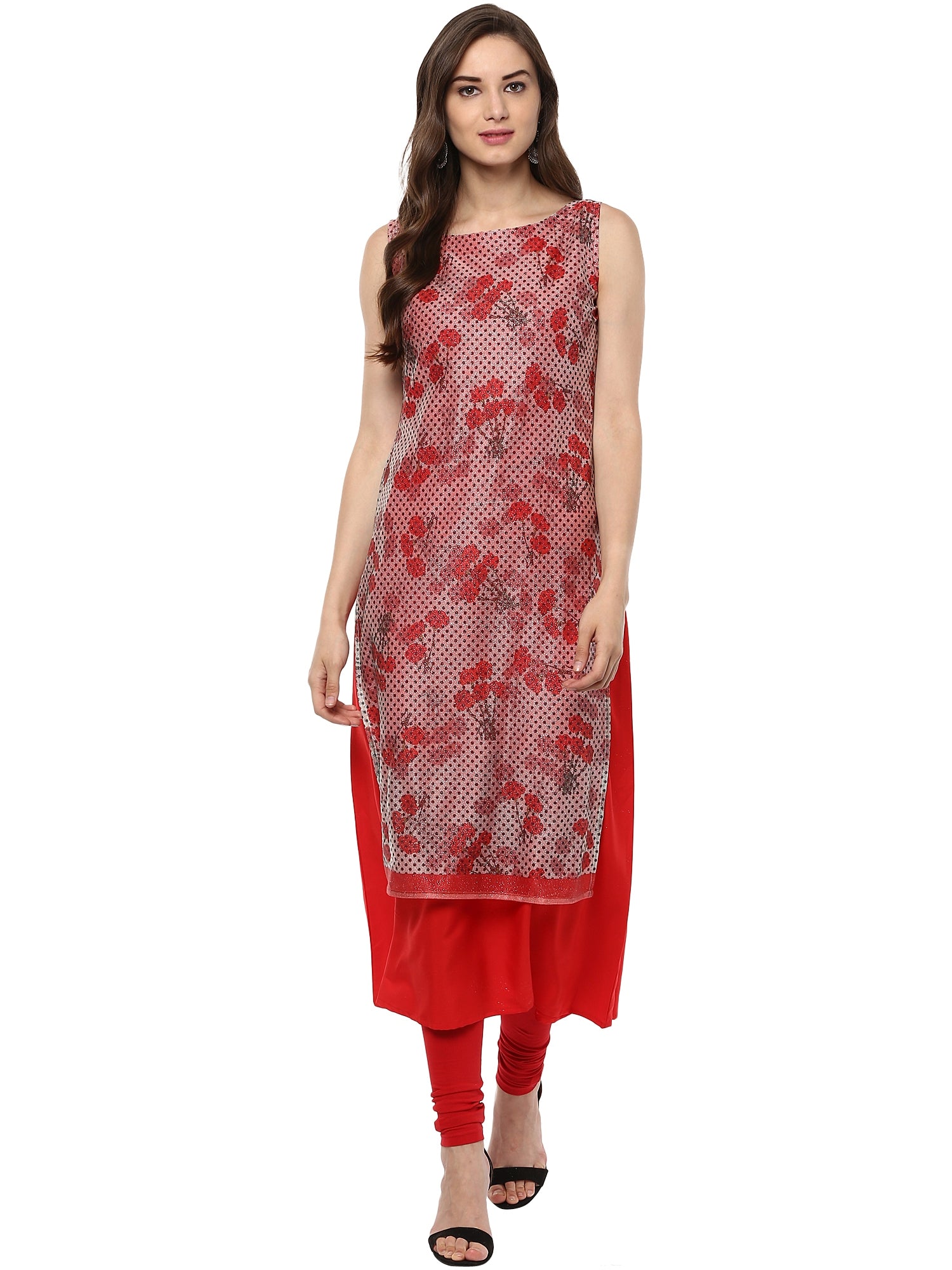 Women's Double Layered Red A- Line Glitter Lycra Crepe Only Kurti - Ahalyaa