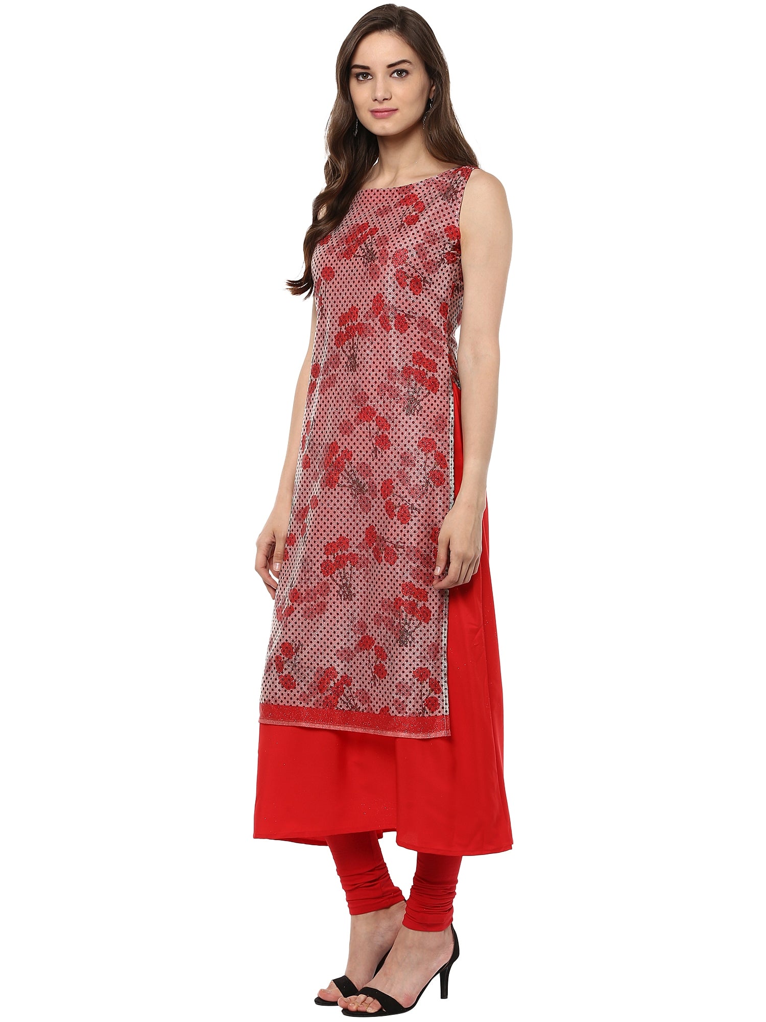 Women's Double Layered Red A- Line Glitter Lycra Crepe Only Kurti - Ahalyaa