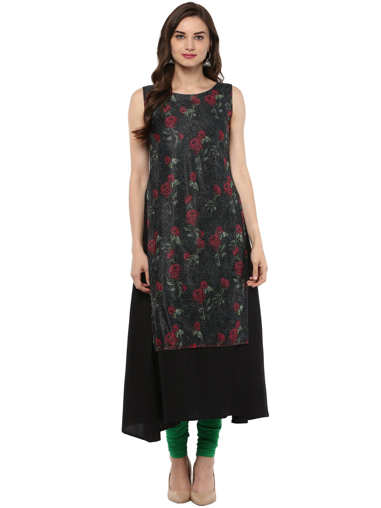 Women's Double Layer Black Rose Print   A- Line Only Kurta