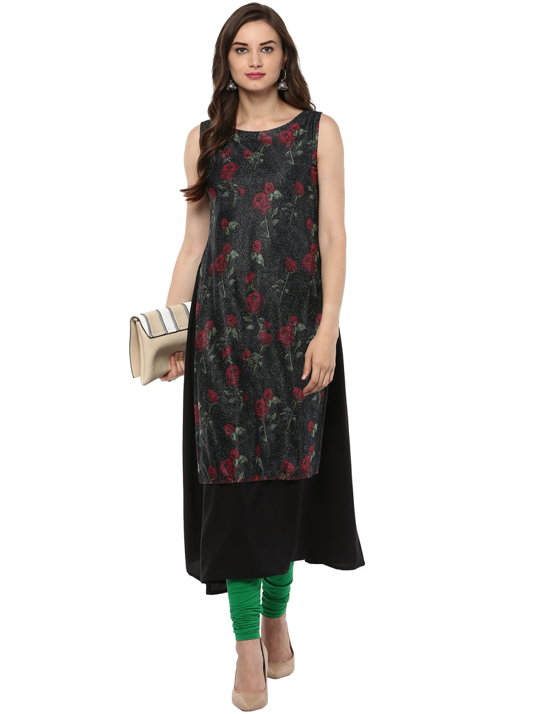 Women's Double Layer Black Rose Print   A- Line Only Kurta