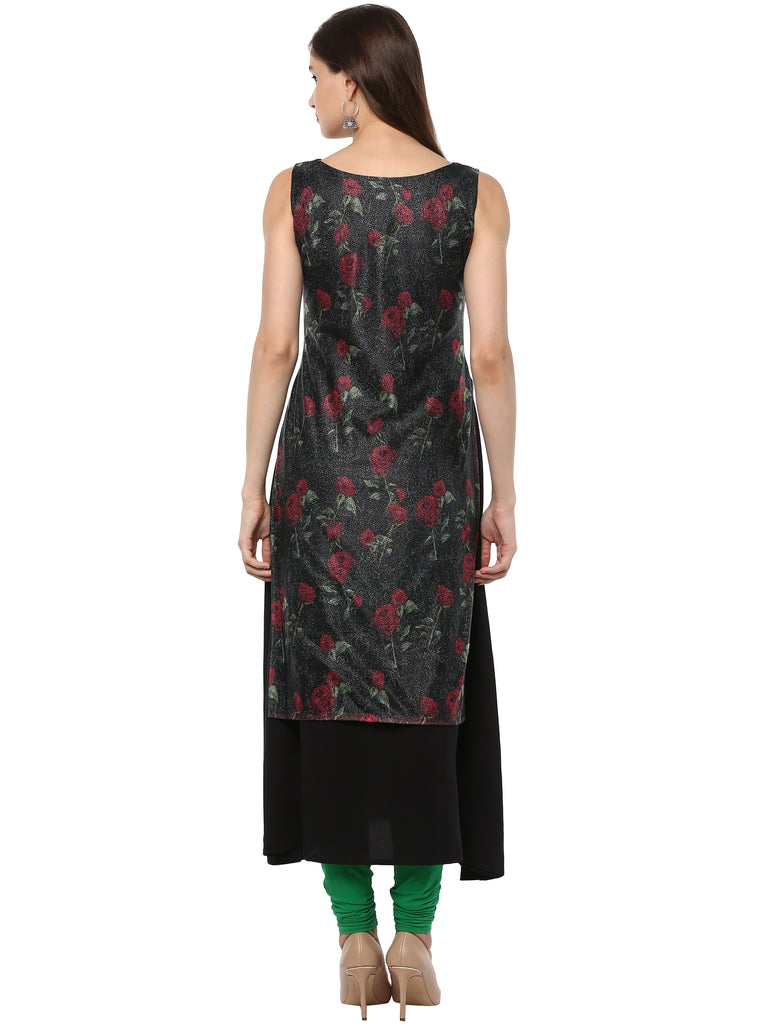 Women's Double Layer Black Rose Print   A- Line Only Kurta