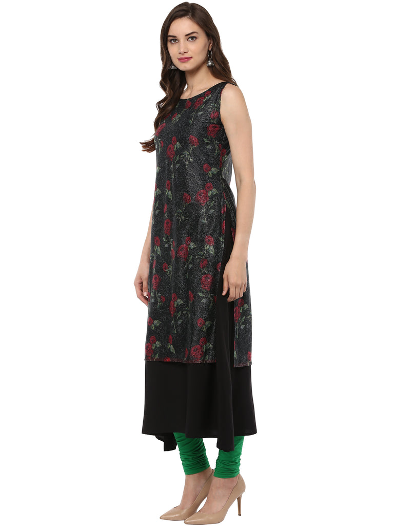 Women's Double Layer Black Rose Print   A- Line Only Kurta