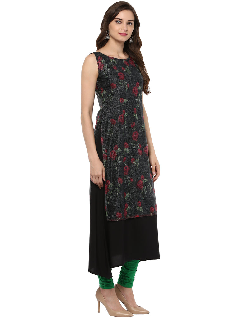 Women's Double Layer Black Rose Print   A- Line Only Kurta