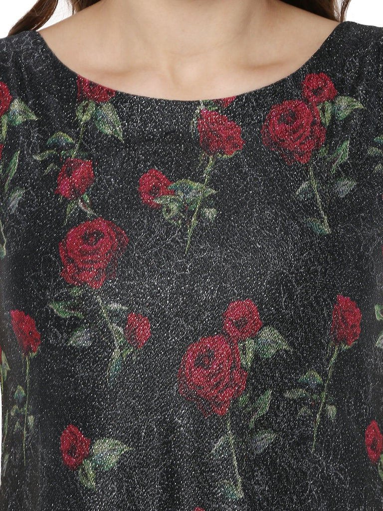 Women's Double Layer Black Rose Print   A- Line Only Kurta