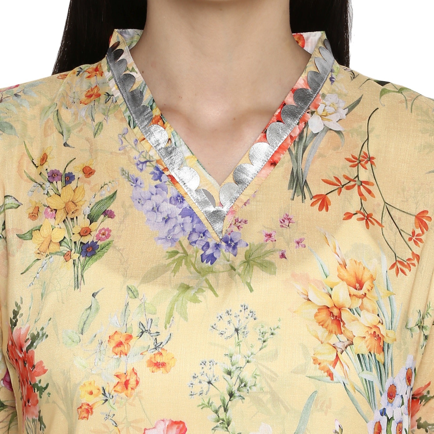 Women's Yellow Floral Straight Only Kurta With Silver Scallop Lace Detail - Ahalyaa