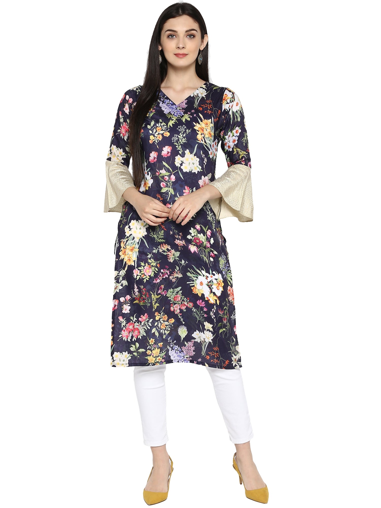 Women's Navy Blue Floral Print With Bell Sleeves Only Kurta - Ahalyaa