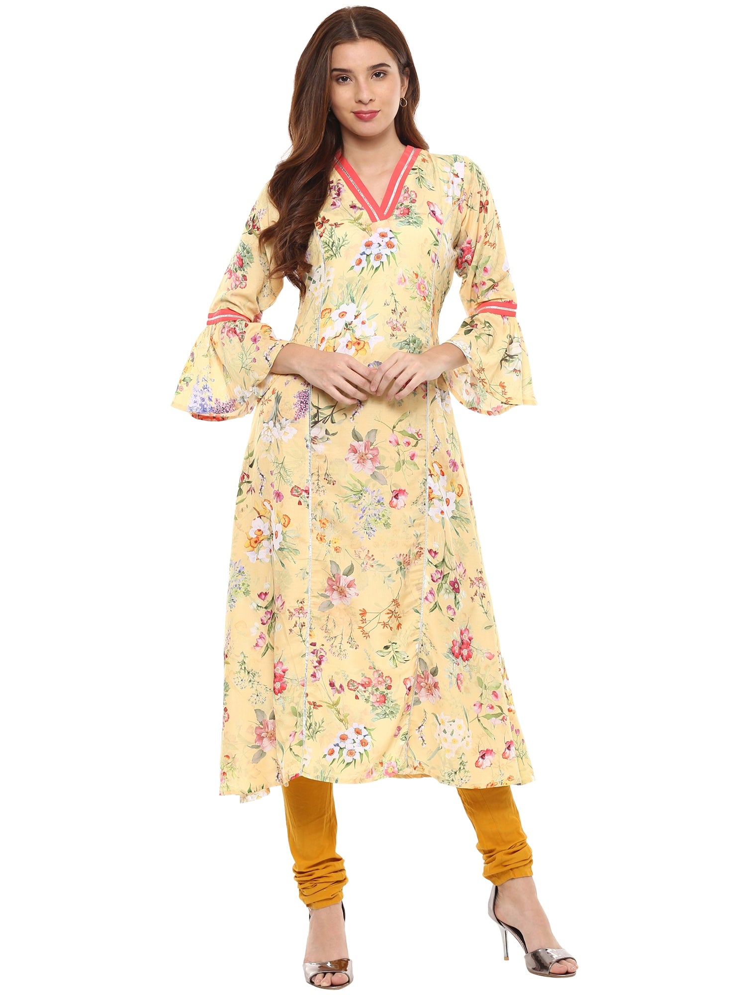 Women's Floral Yellow Flared Only Kurta With Gota Detailing - Ahalyaa