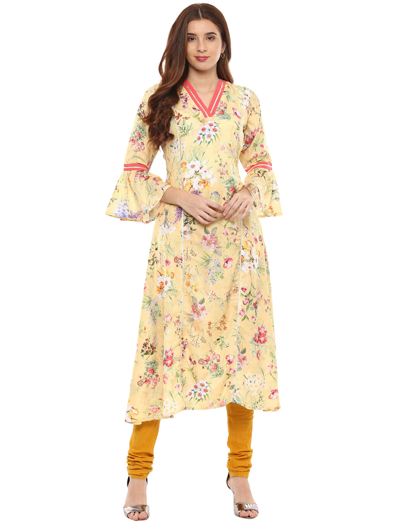 Women's Floral Yellow Flared Only Kurta With Gota Detailing