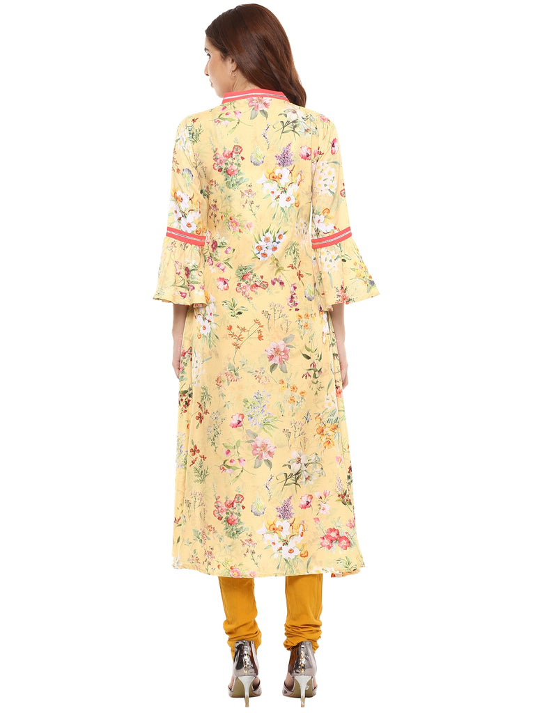 Women's Floral Yellow Flared Only Kurta With Gota Detailing