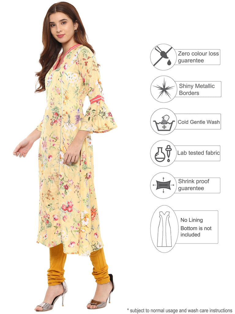 Women's Floral Yellow Flared Only Kurta With Gota Detailing