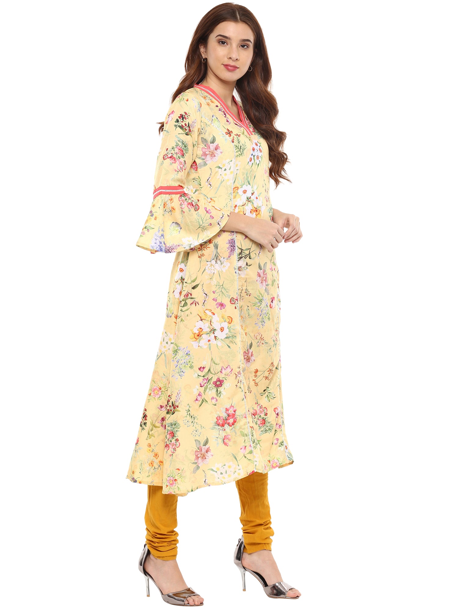 Women's Floral Yellow Flared Only Kurta With Gota Detailing - Ahalyaa