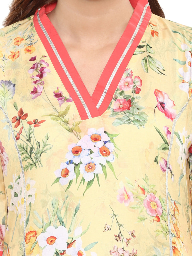 Women's Floral Yellow Flared Only Kurta With Gota Detailing
