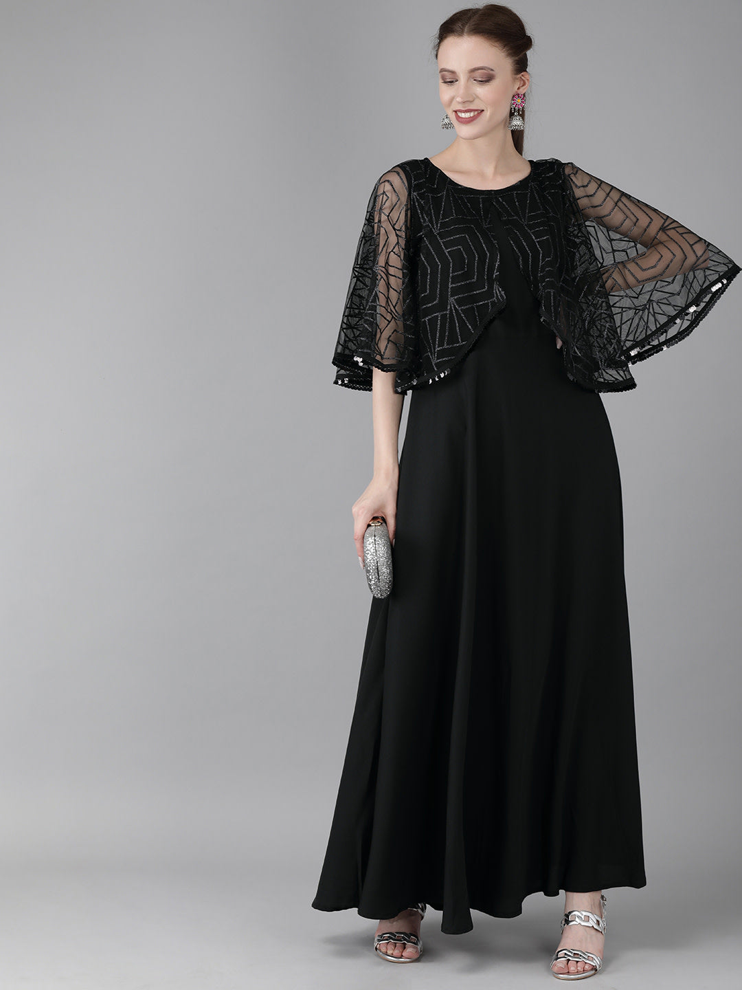 Women's Black Crepe Maxi Dress- Ahalyaa