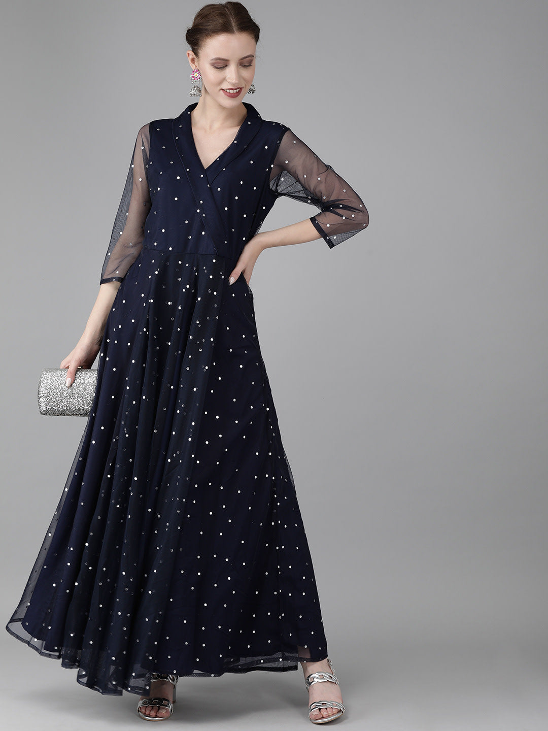 Women's Navy Blue Net & Crepe Silver Toned Polka Dots Printed Maxi Dress- Ahalyaa