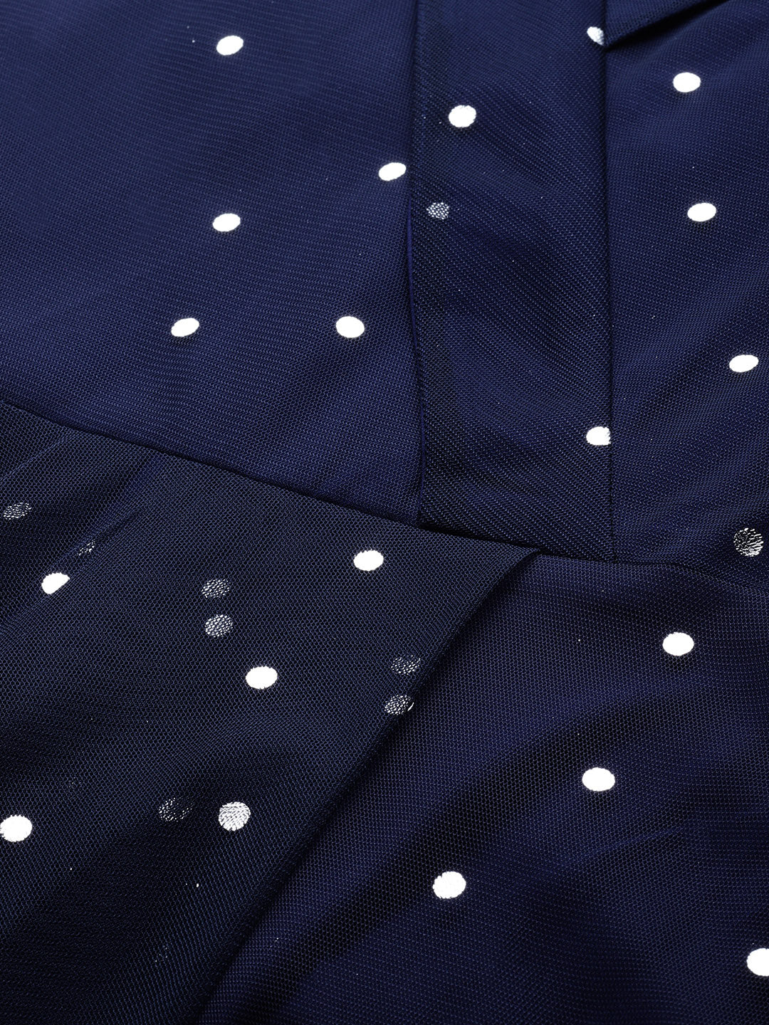 Women's Navy Blue Net & Crepe Silver Toned Polka Dots Printed Maxi Dress- Ahalyaa