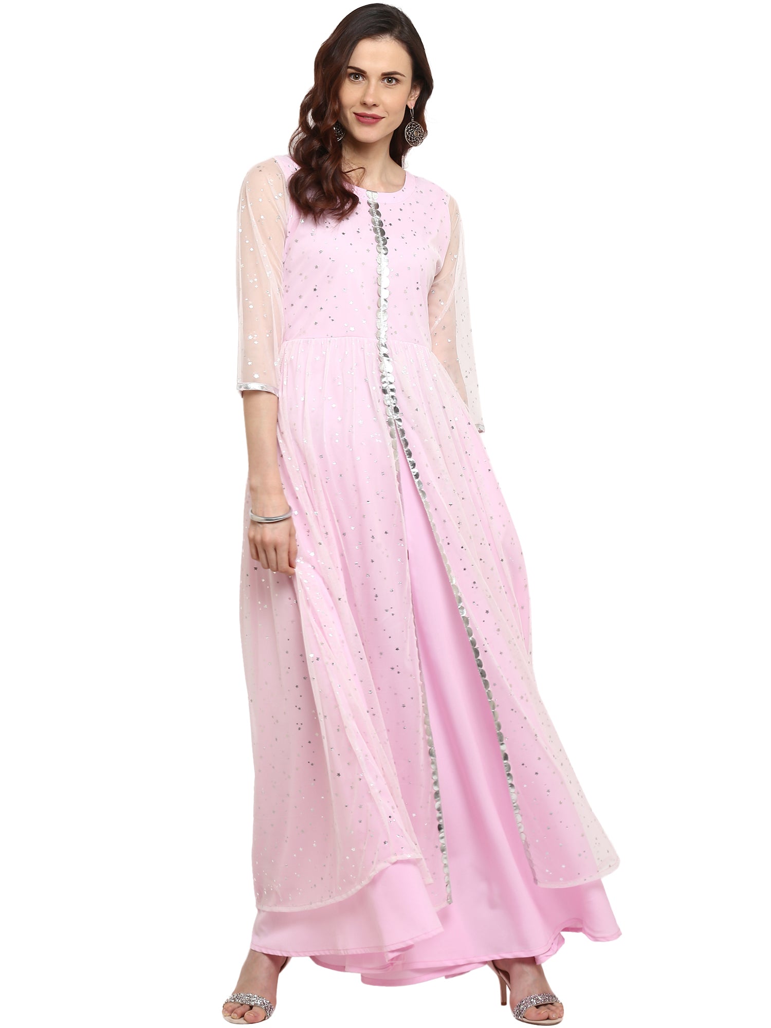 Women's Double Layered Partywear Light Pink Indo Western Only Kurta Dress - Ahalyaa