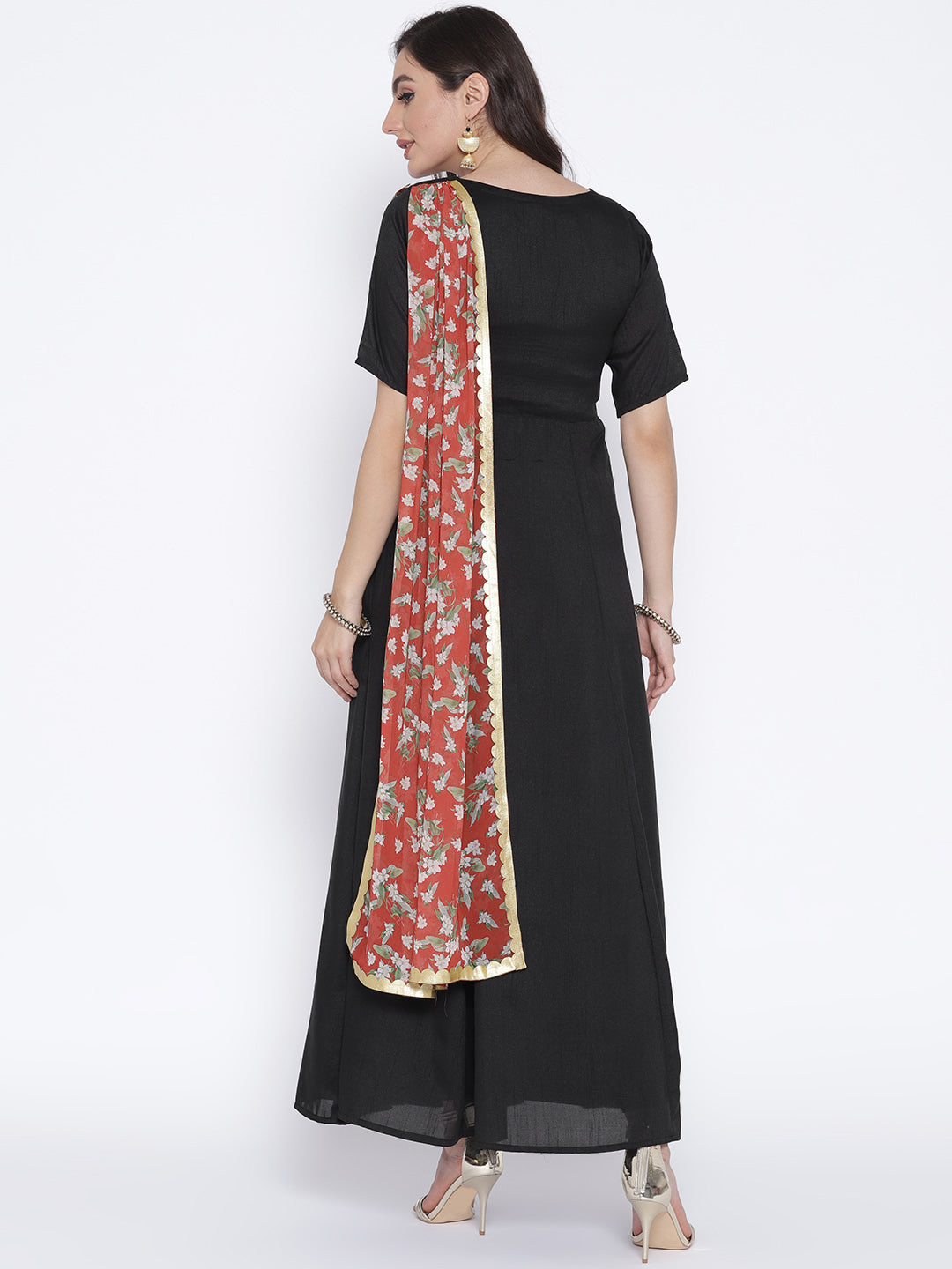 Women's Black Poly Silk Kurta With Printed Dupatta - Ahalyaa