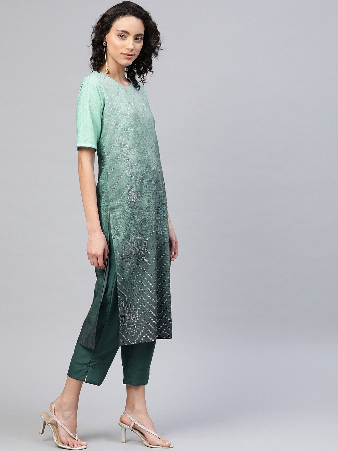 Women's Sea Green Crepe Printed Kurta Pant Set - Ahalyaa