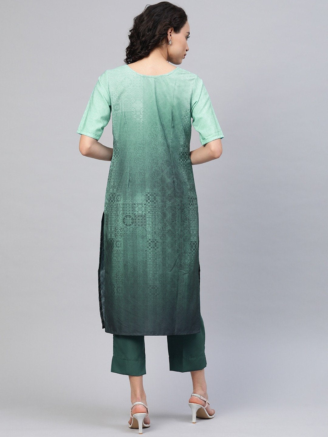 Women's Sea Green Crepe Printed Kurta Pant Set - Ahalyaa