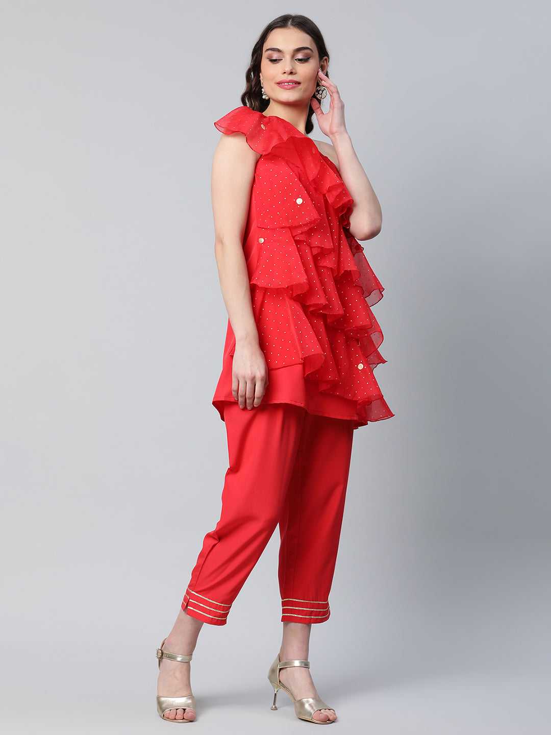 Women's Red Printed Layered Top With Trousers - Ahalyaa