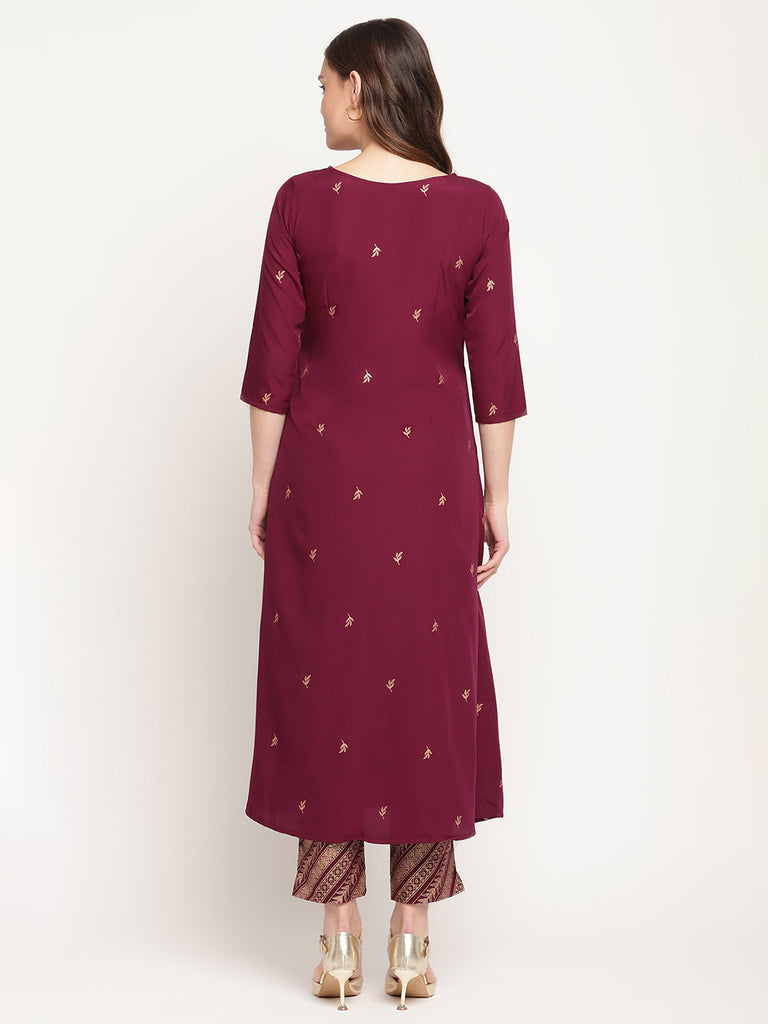 Women's Wine Crepe Gold Glitter Print Kurta Trouser Se